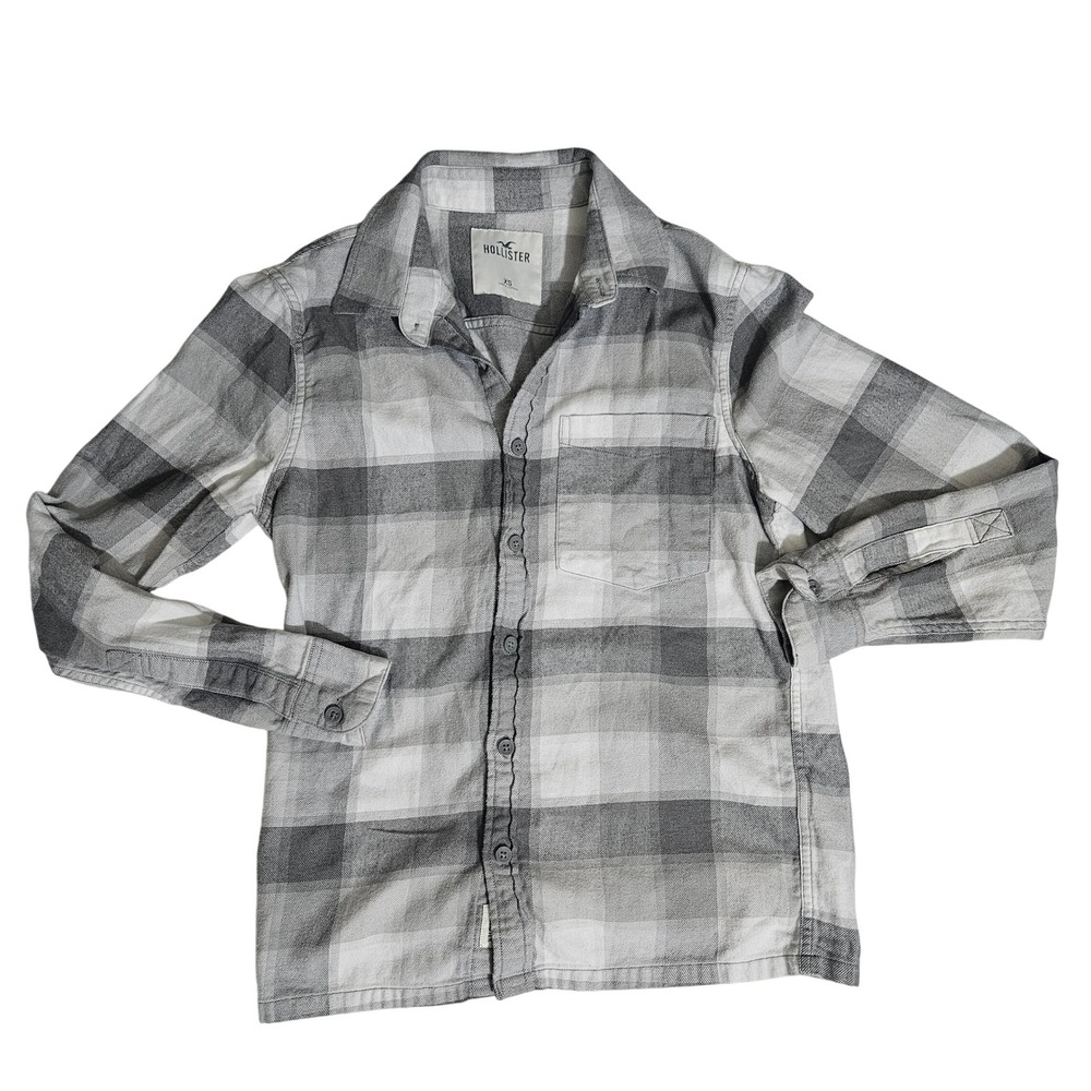 Hollister Grey White Buffalo Plaid Flannel Button Down Shirt XS Long Sleeve